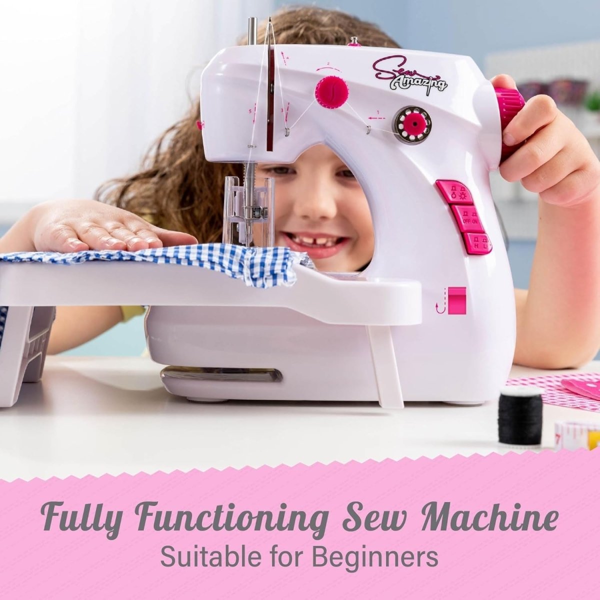 Kids Sewing Machine Kit Foot Pedal Extendable Table 2 Speed White - Kwikley