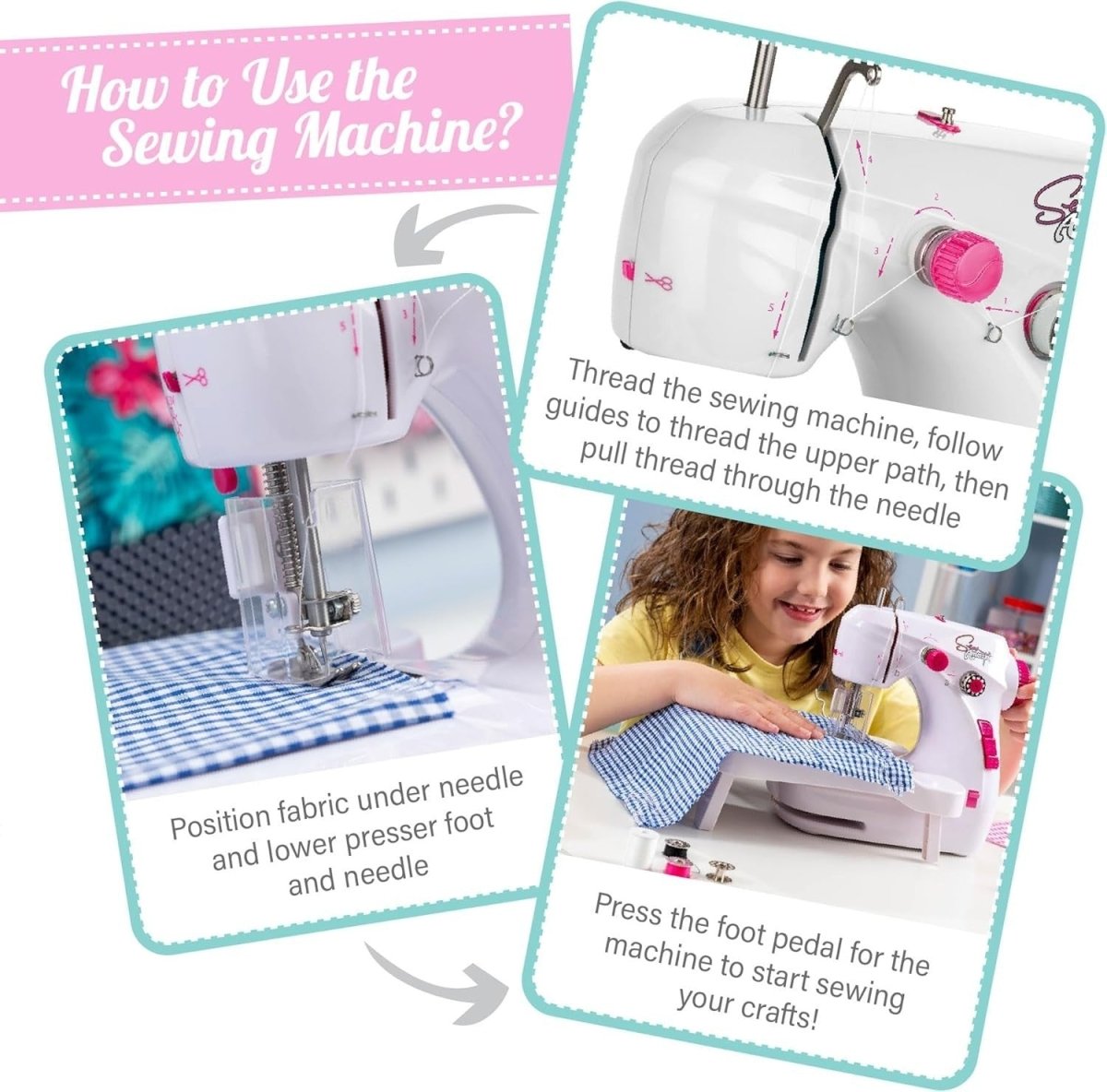 Kids Sewing Machine Kit Foot Pedal Extendable Table 2 Speed White - Kwikley