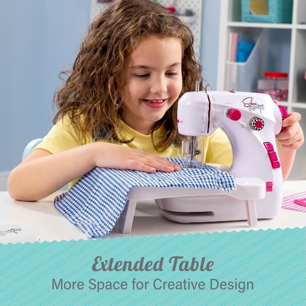 Kids Sewing Machine Kit Foot Pedal Extendable Table 2 Speed White - Kwikley