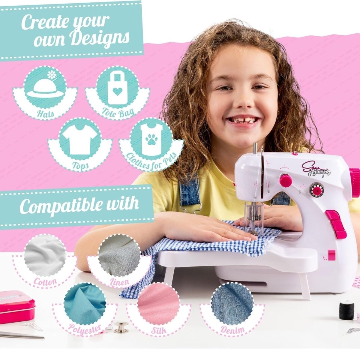 Kids Sewing Machine Kit Foot Pedal Extendable Table 2 Speed White - Kwikley