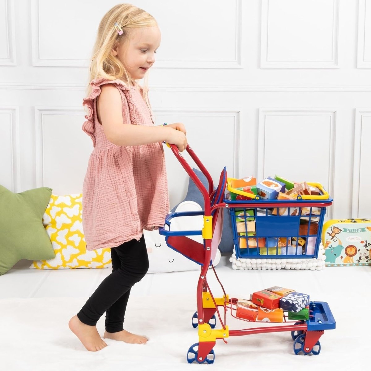 Kids Toy Shopping Cart Supermarket Trolley Play Set with Food Boxes - Kwikley