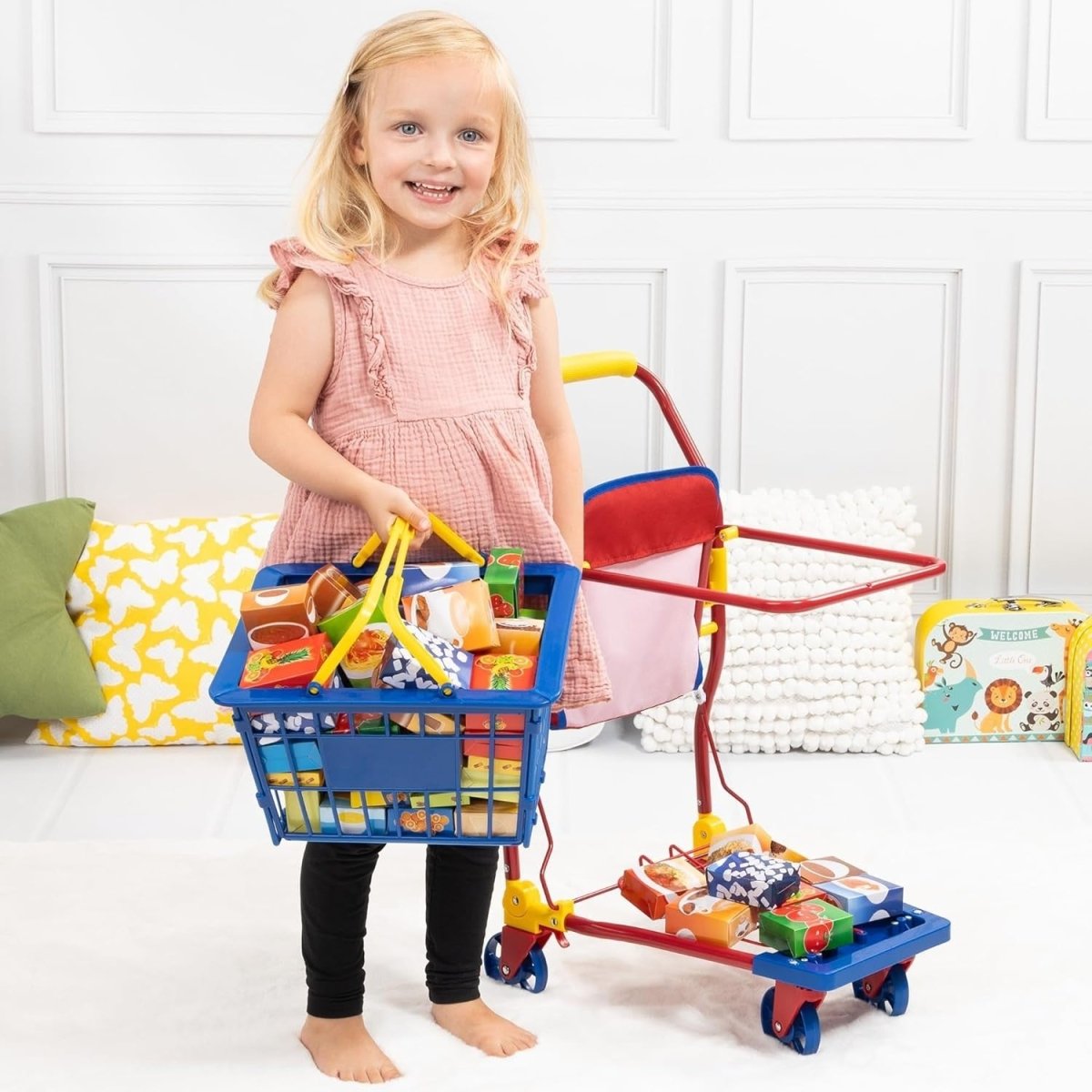 Kids Toy Shopping Cart Supermarket Trolley Play Set with Food Boxes - Kwikley