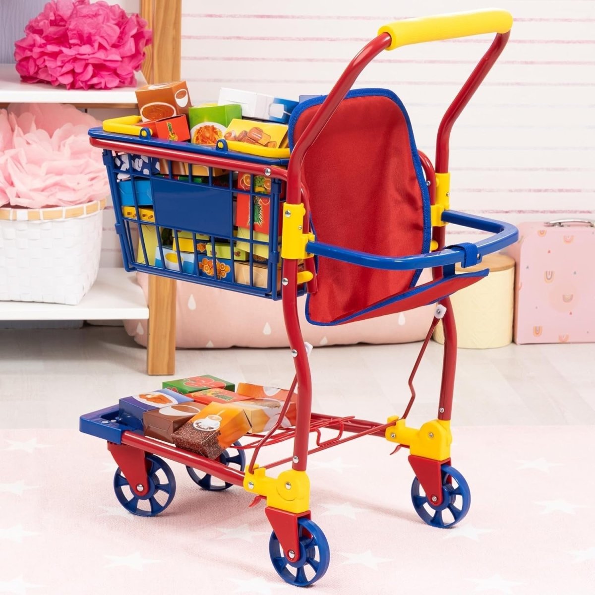 Kids Toy Shopping Cart Supermarket Trolley Play Set with Food Boxes - Kwikley