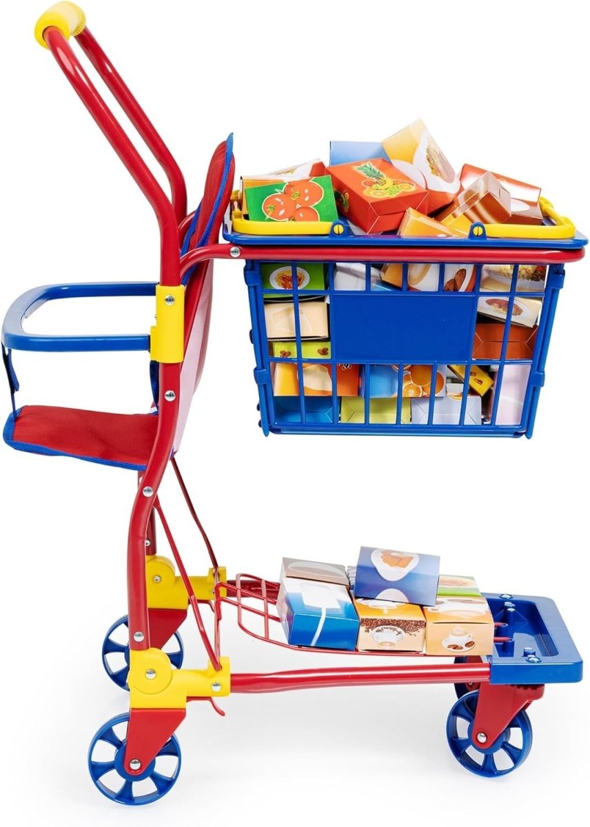 Kids Toy Shopping Cart Supermarket Trolley Play Set with Food Boxes - Kwikley