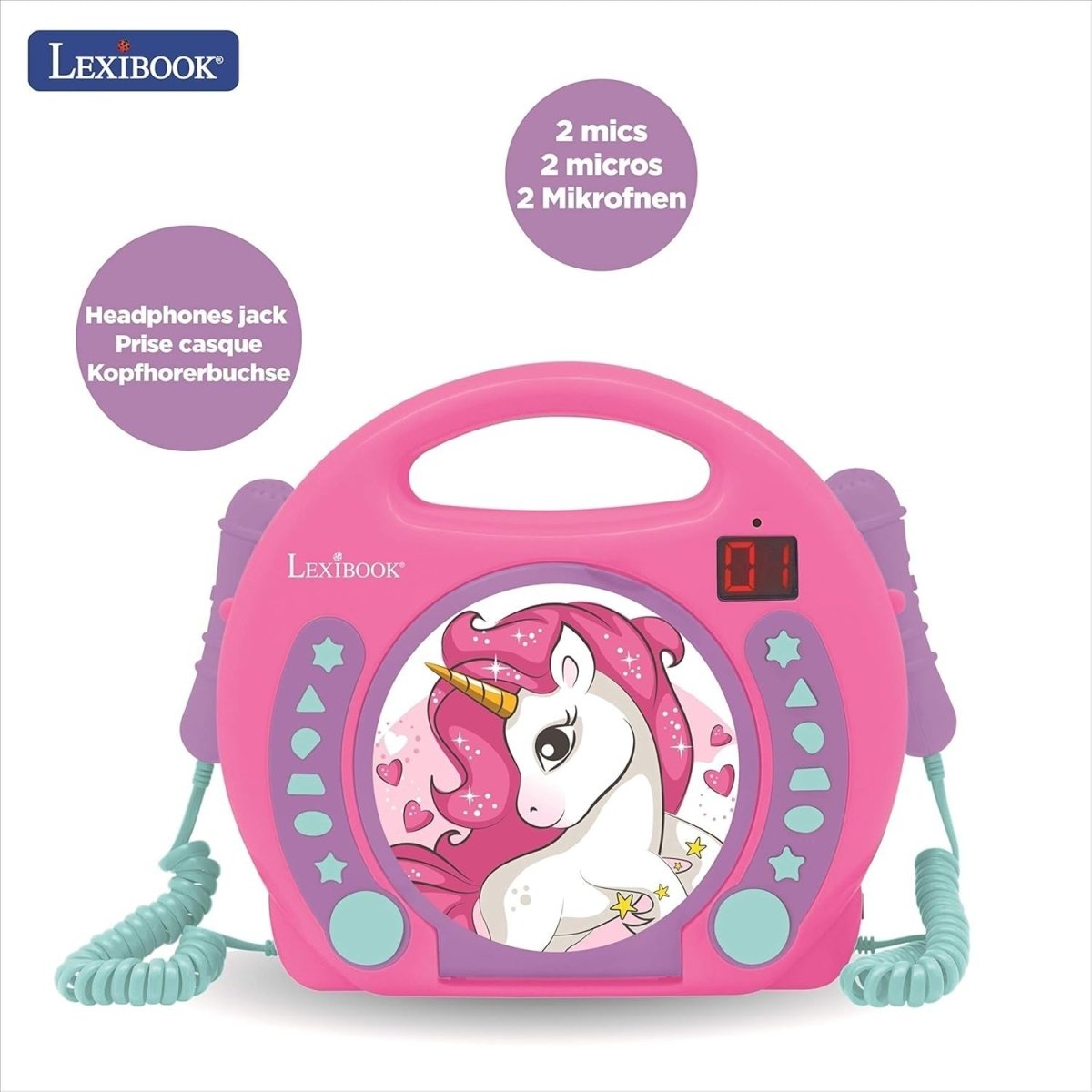 Kids Unicorn CD Player Karaoke Microphones Portable Music Player Pink - Kwikley