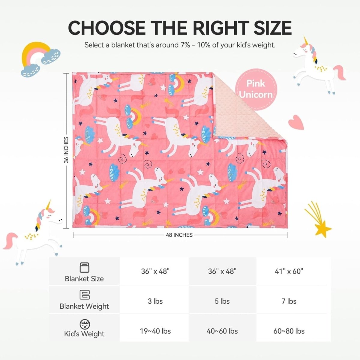 Kids Weighted Blanket Pink Unicorn 1.4kg 90x120cm Soft Calming Comfort - Kwikley