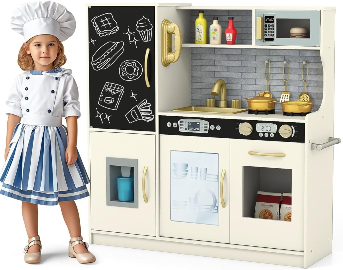 Kids Wooden Play Kitchen Blackboard Ice Maker Microwave Beige Toy - Kwikley