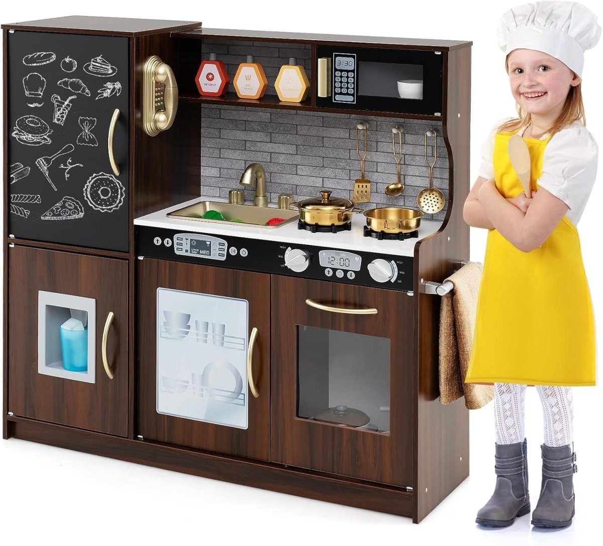 Kids Wooden Play Kitchen Blackboard Ice Maker Microwave Coffee Toy - Kwikley