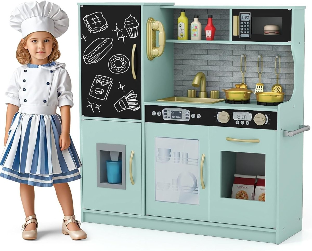 Kids Wooden Play Kitchen Blackboard Ice Maker Microwave Green Toy - Kwikley