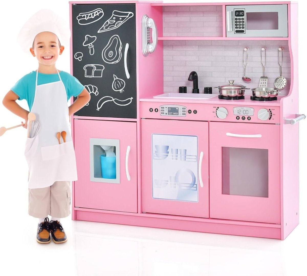 Kids Wooden Play Kitchen Blackboard Microwave Ice Maker Pink Set - Kwikley