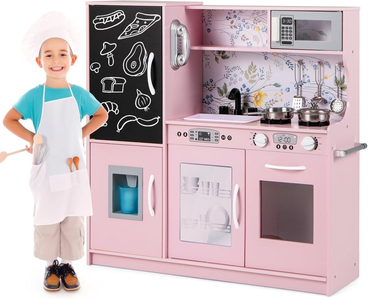 Kids Wooden Play Kitchen Blackboard Microwave Ice Maker Pink Toy - Kwikley