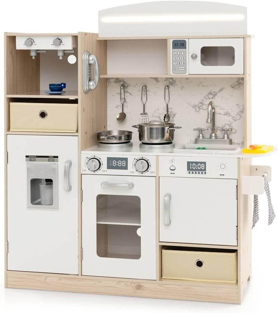 Kids Wooden Play Kitchen LED Lights Coffee Maker Accessories Set - Kwikley