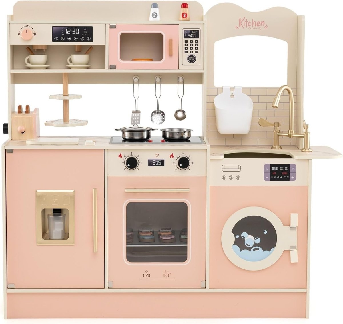 Kids Wooden Play Kitchen Light Sound Coffee Machine Toaster Pink Toy - Kwikley