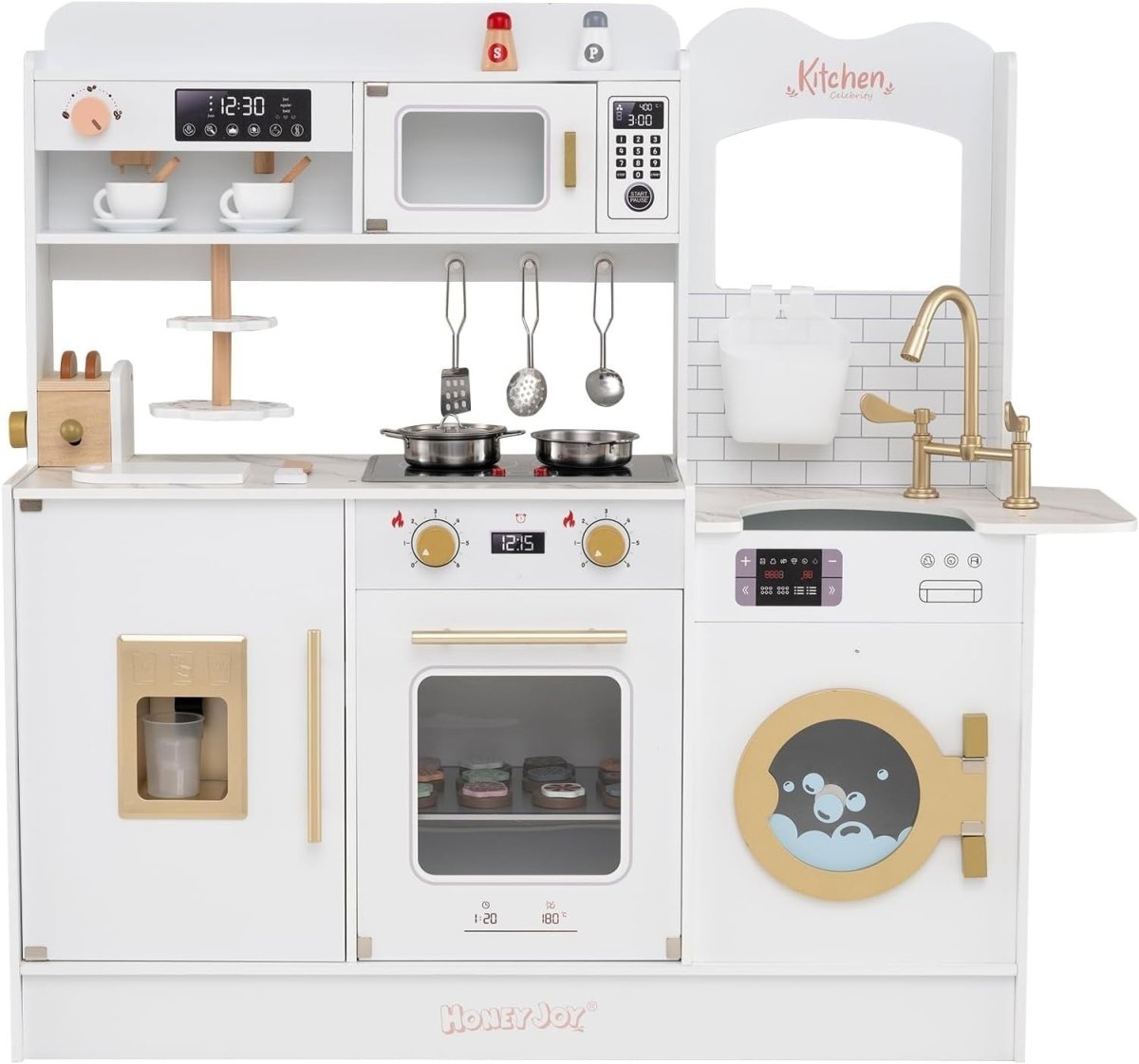 Kids Wooden Play Kitchen Light Sound Coffee Machine White Toy Set - Kwikley