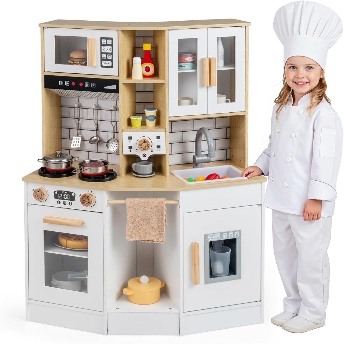 Kids Wooden Play Kitchen Lights Sounds Coffee Machine Ice Maker Toy - Kwikley