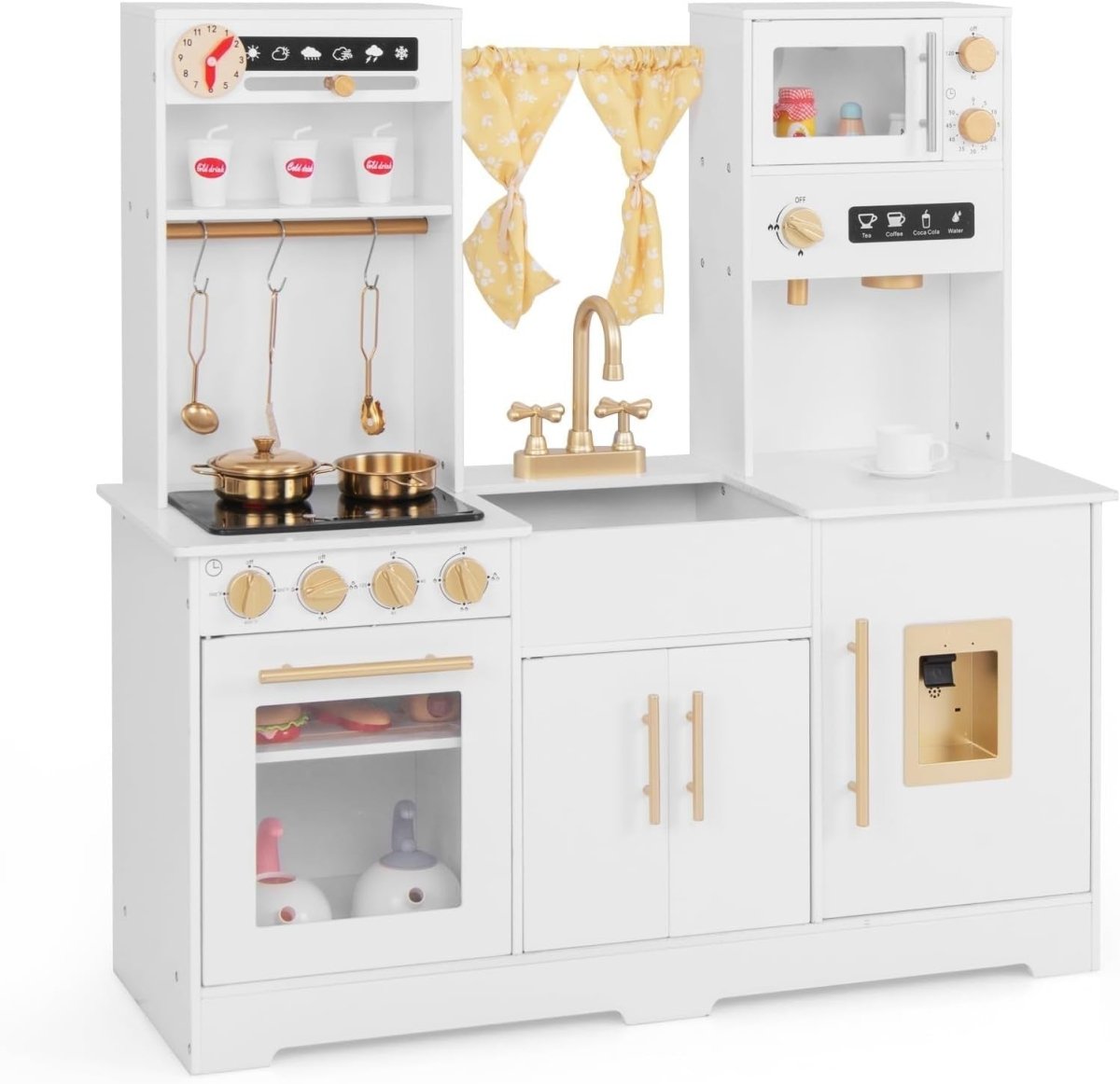 Kids Wooden Play Kitchen Lights Sounds Coffee Maker Microwave White - Kwikley