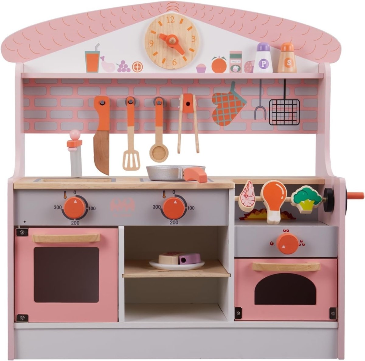 Kids Wooden Play Kitchen Pink w/ BBQ Grill Sound Accessories Set - Kwikley