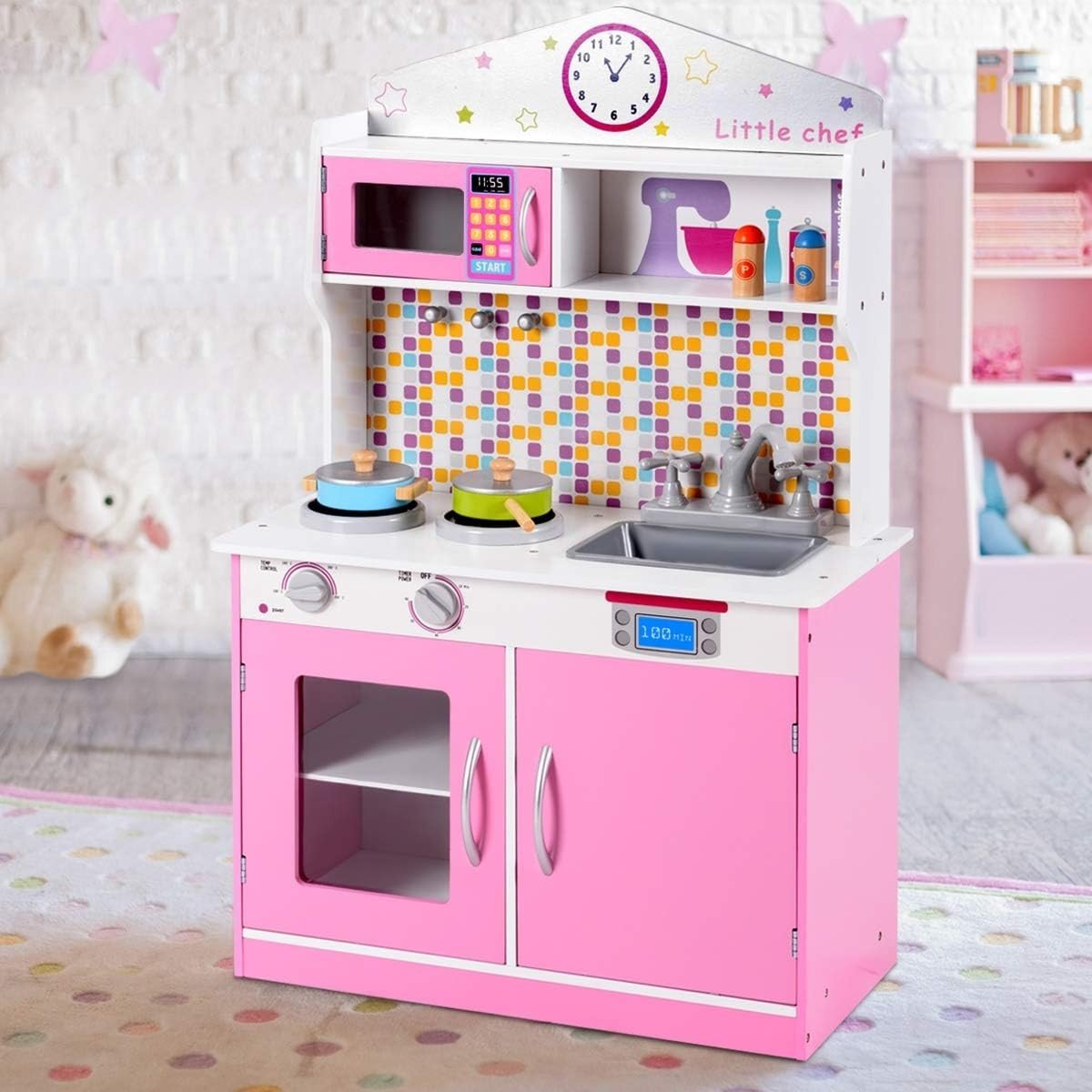 Kids Wooden Play Kitchen Pink w/ Microwave Stove Sink Toy Set - Kwikley