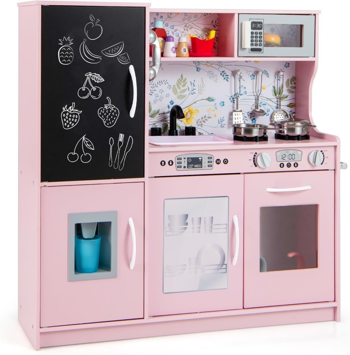 Kids Wooden Play Kitchen Pretend Cooking Set Microwave Ice Maker Pink - Kwikley