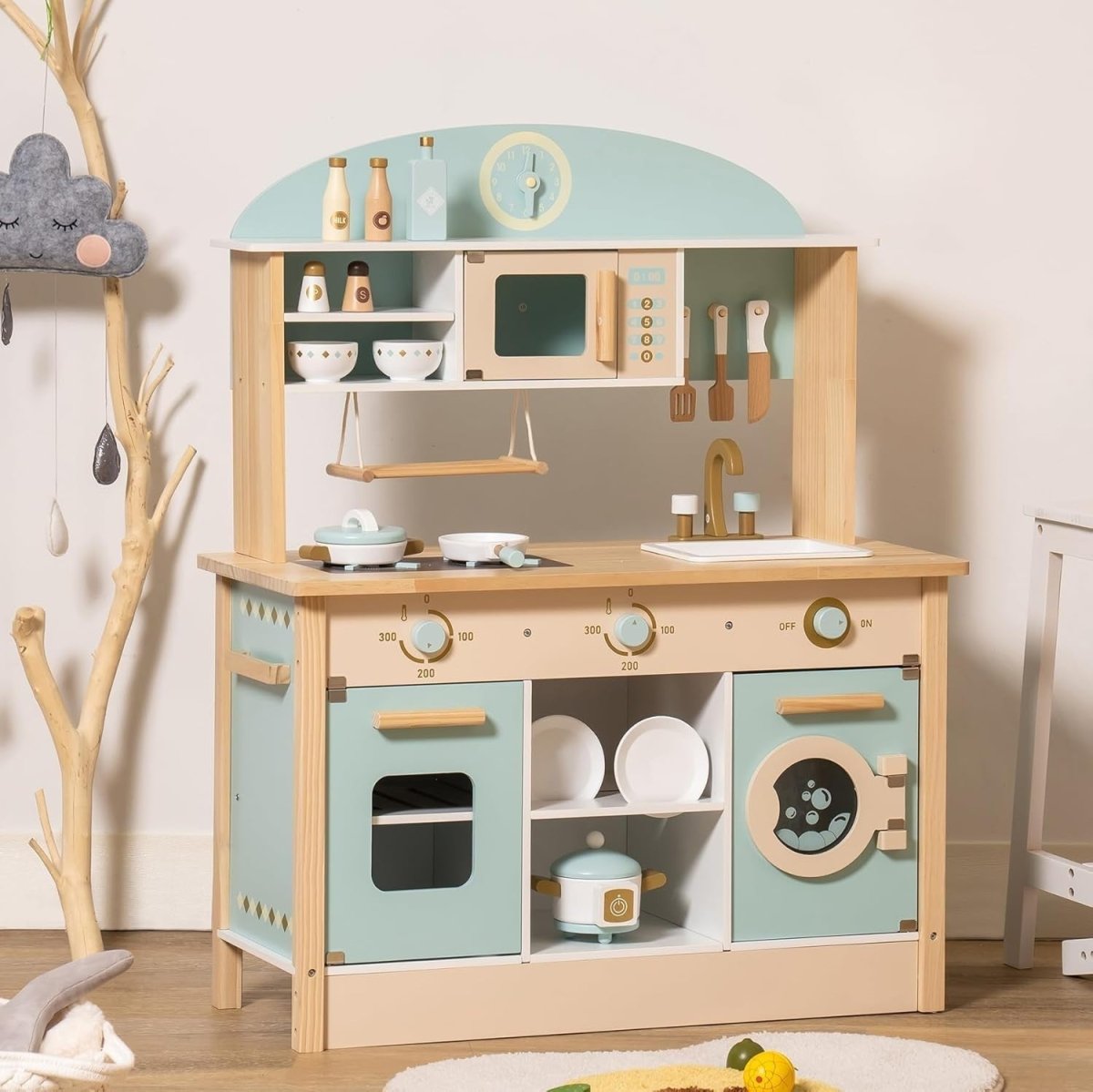 Kids Wooden Play Kitchen Set w/ Oven Microwave Blue Toy Kitchen - Kwikley