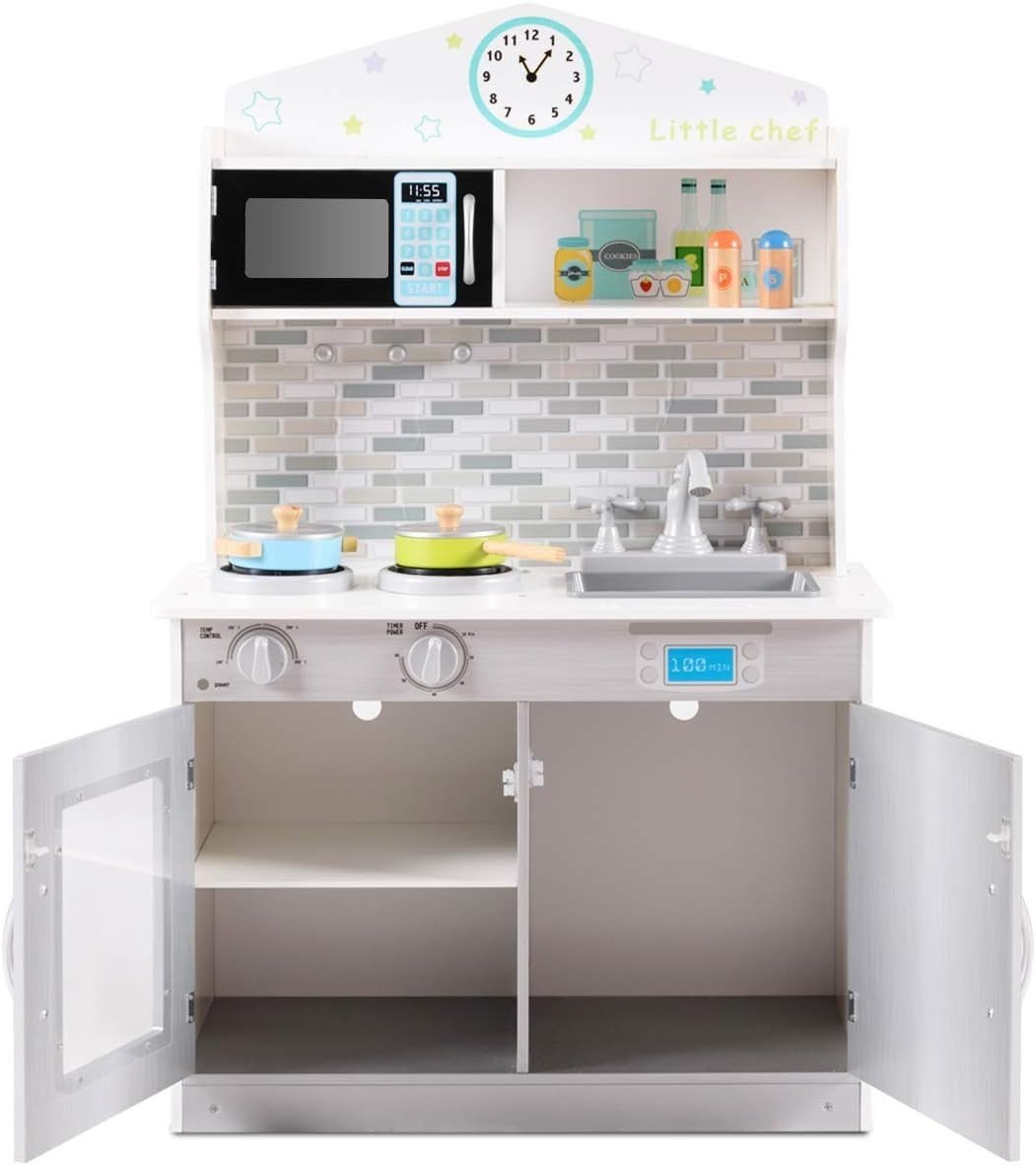 Kids Wooden Play Kitchen Silver w/ Microwave Stove Sink Toy Set - Kwikley