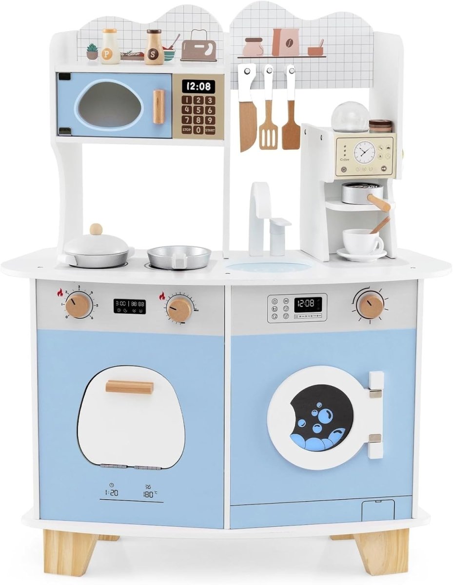 Kids Wooden Play Kitchen w/ Coffee Maker Microwave Blue Toy - Kwikley