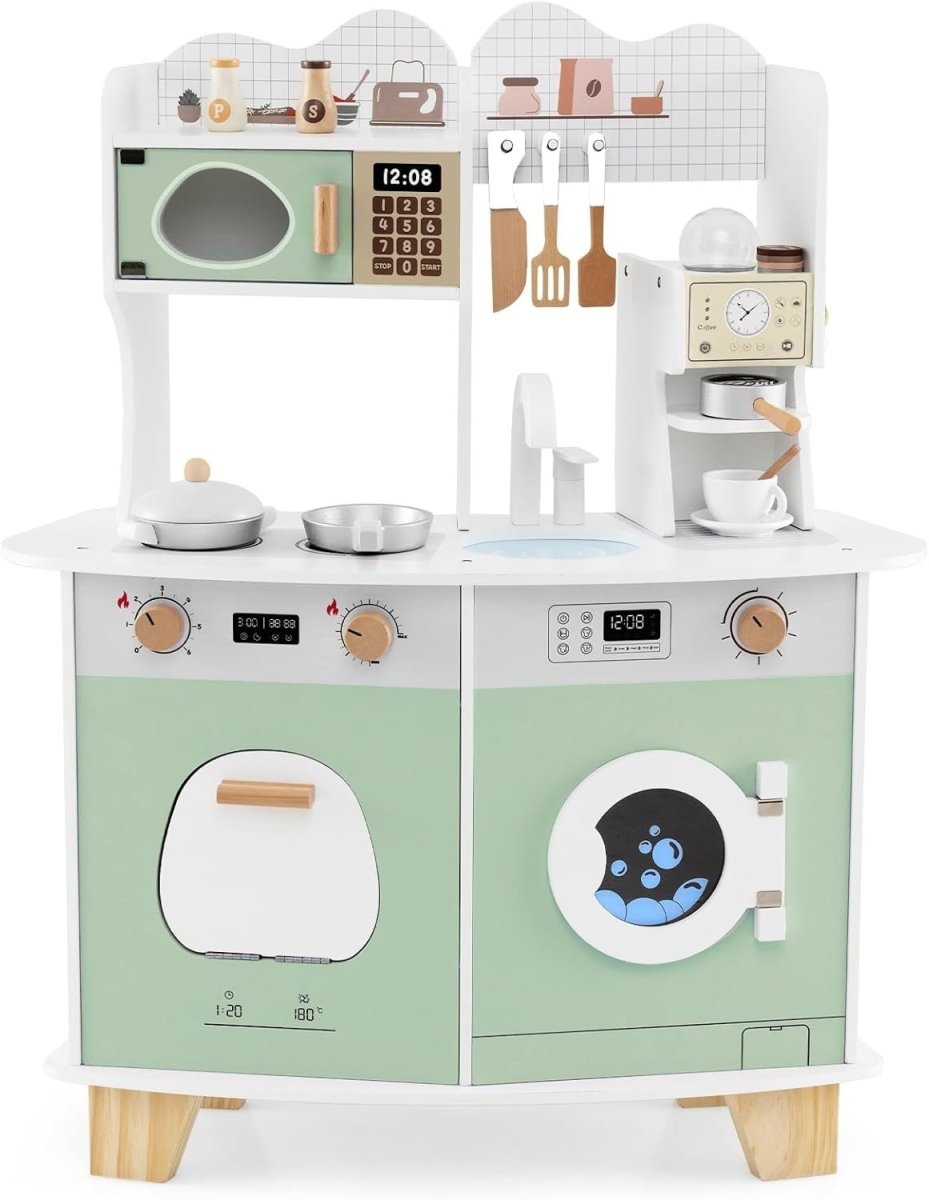 Kids Wooden Play Kitchen w/ Coffee Maker Microwave Green Toy - Kwikley