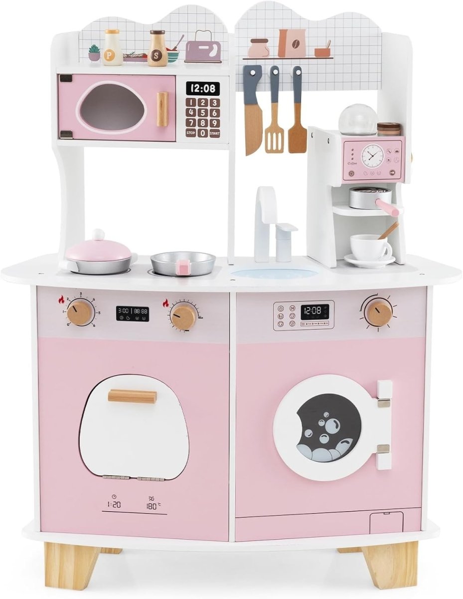 Kids Wooden Play Kitchen w/ Coffee Maker Microwave Pink Toy - Kwikley