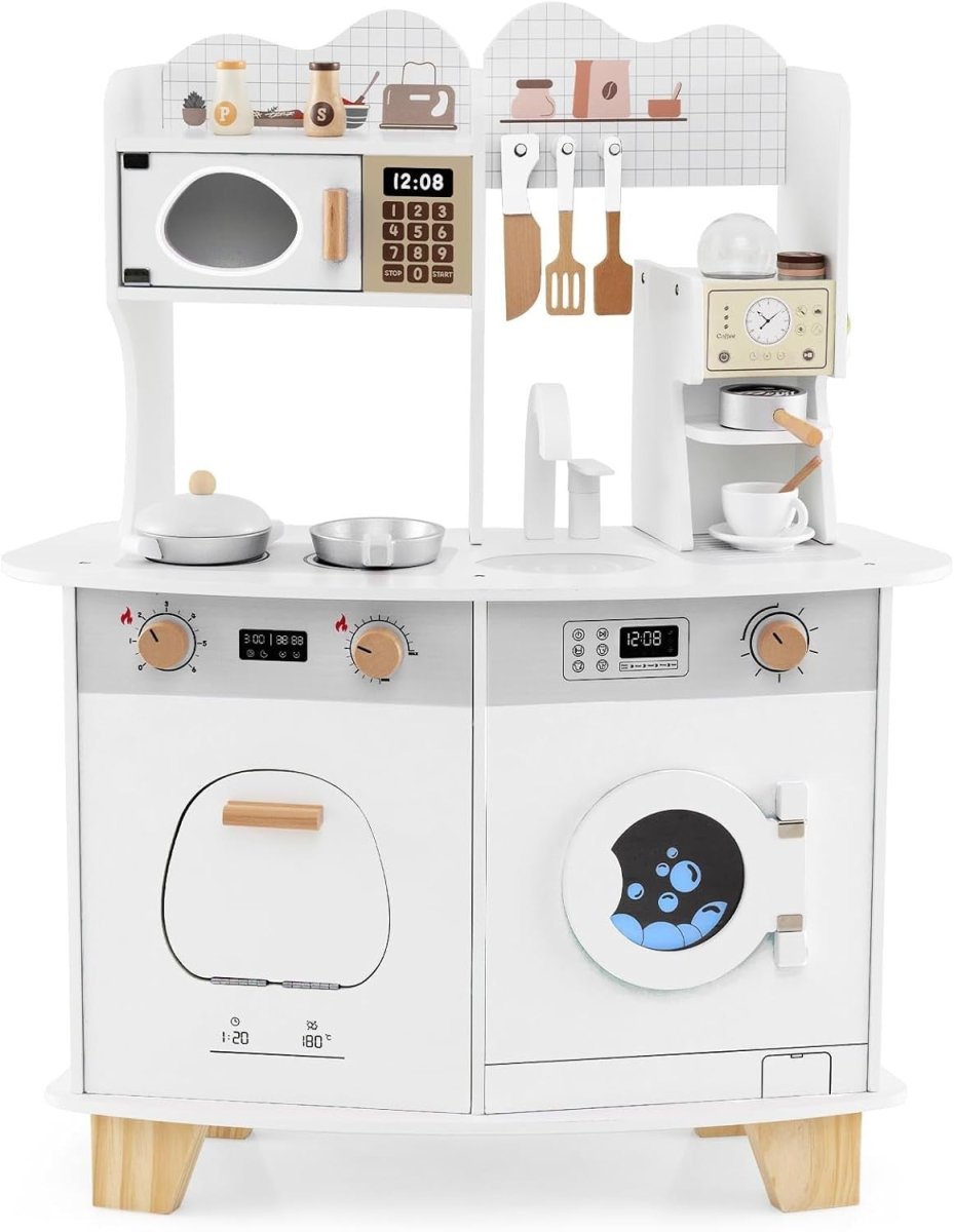 Kids Wooden Play Kitchen w/ Coffee Maker Microwave White Toy - Kwikley