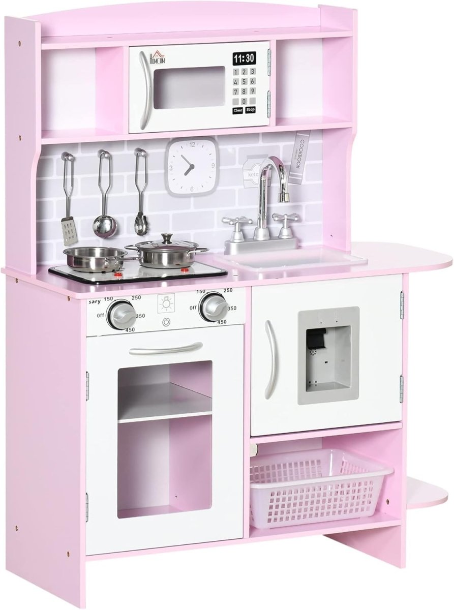 Kids Wooden Play Kitchen w/ Lights Sounds Microwave Pink Toy Set - Kwikley