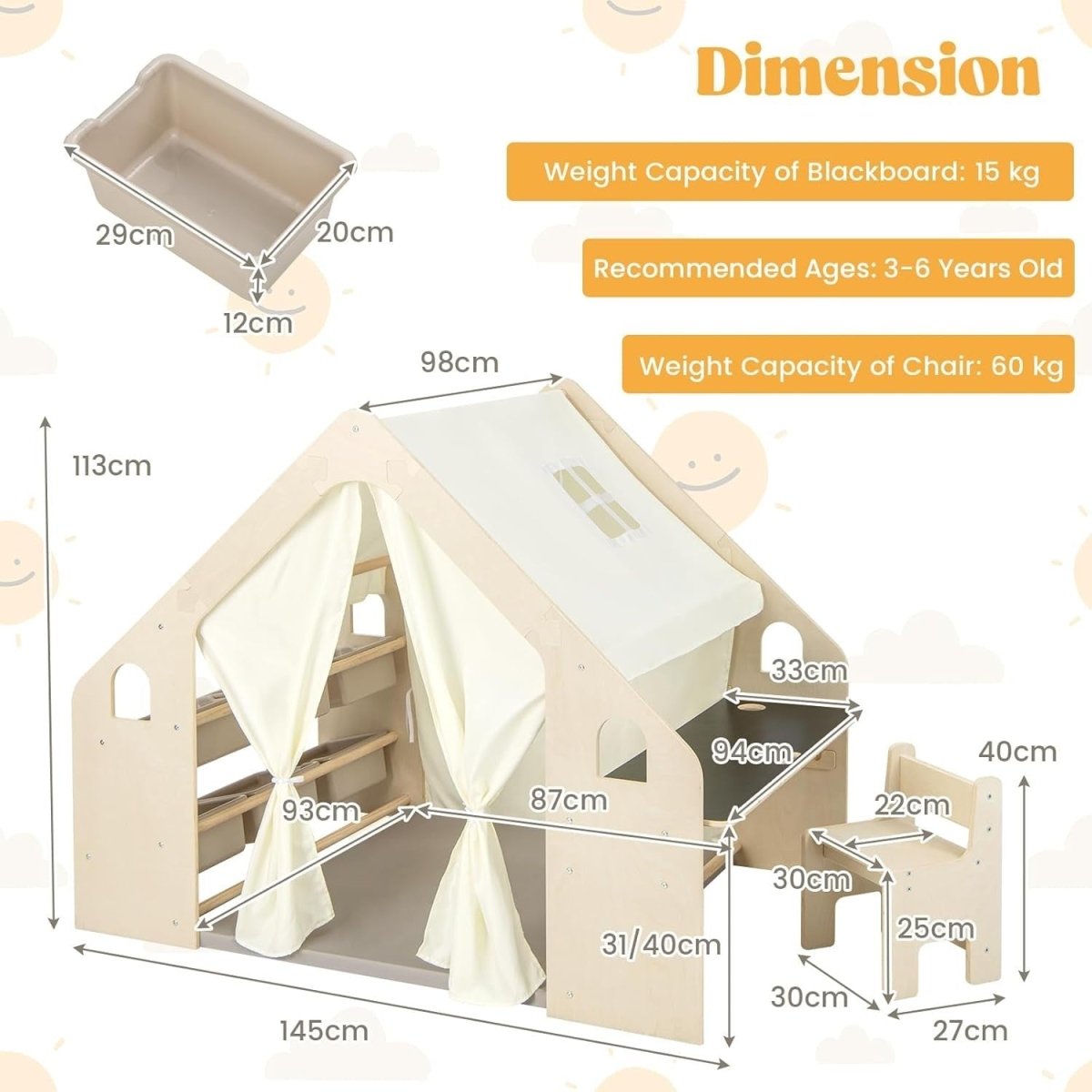 Kids Wooden Play Tent Space Theme with Table Chair Blackboard Set - Kwikley