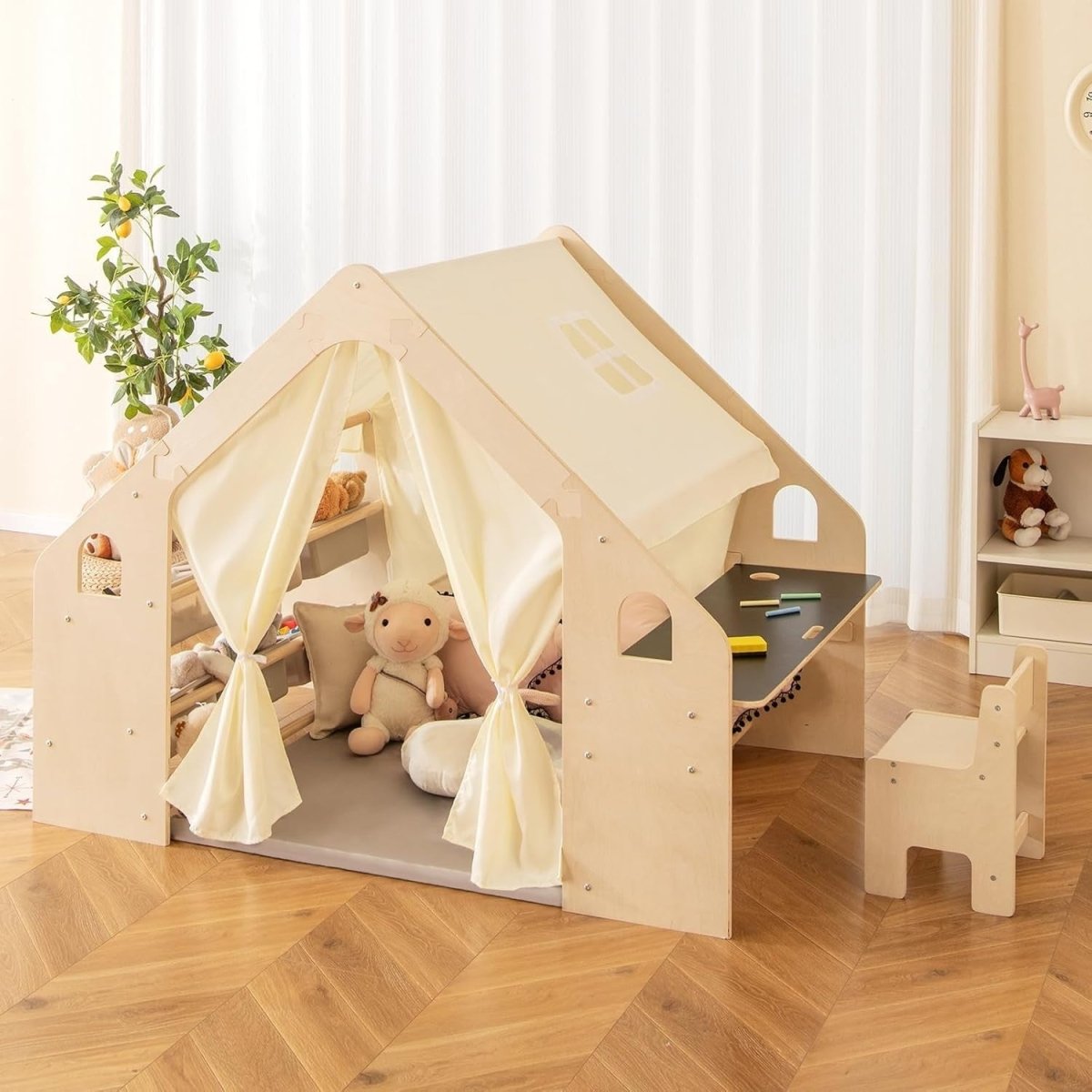 Kids Wooden Play Tent Space Theme with Table Chair Blackboard Set - Kwikley