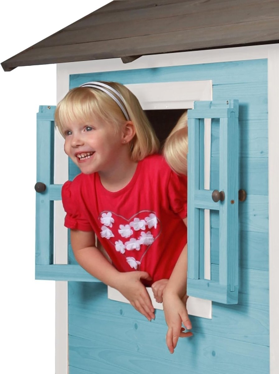 Kids Wooden Playhouse Outdoor Garden Lodge Blue w Windows Letterbox - Kwikley