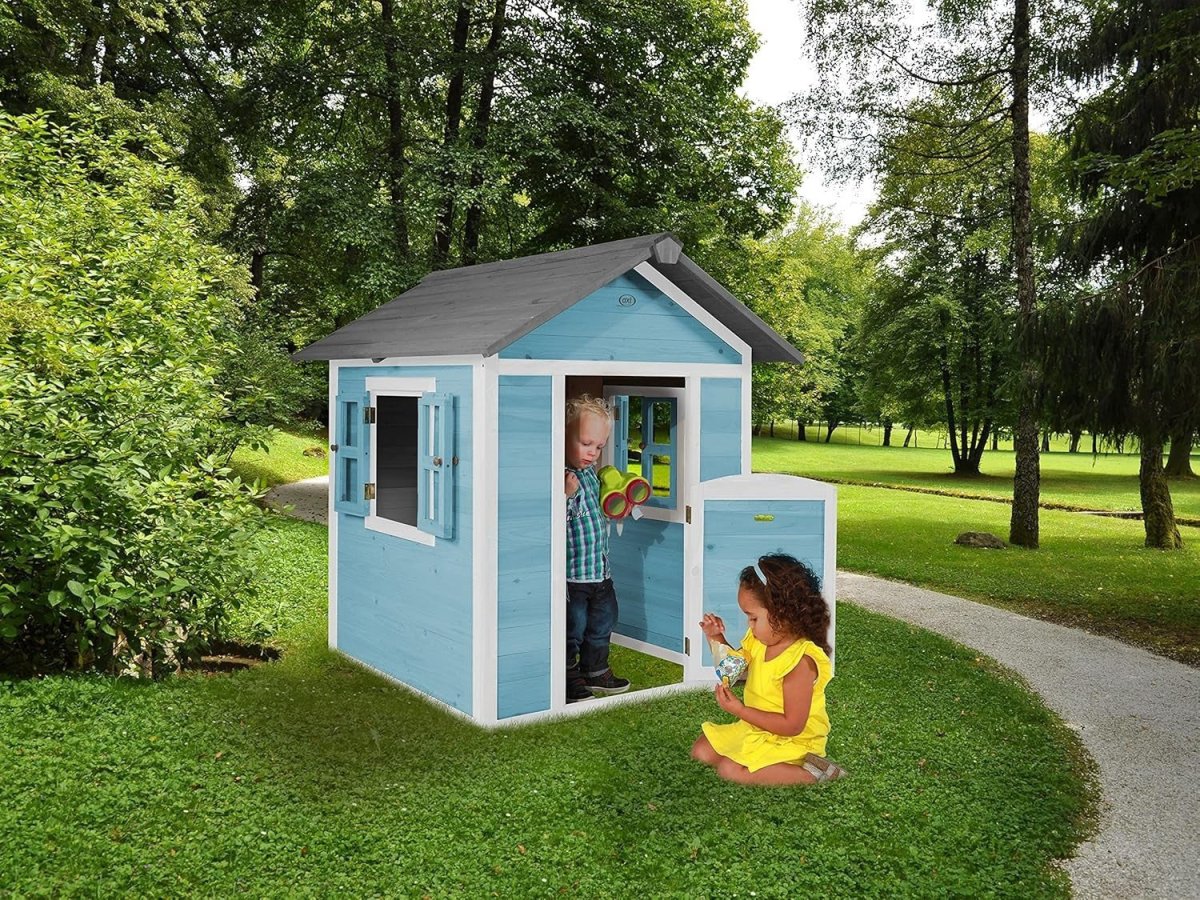 Kids Wooden Playhouse Outdoor Garden Lodge Blue w Windows Letterbox - Kwikley