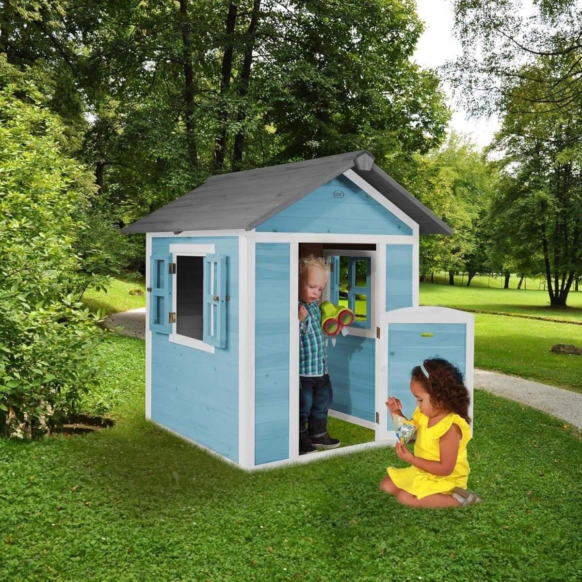 Kids Wooden Playhouse Outdoor Garden Lodge Blue w Windows Letterbox - Kwikley