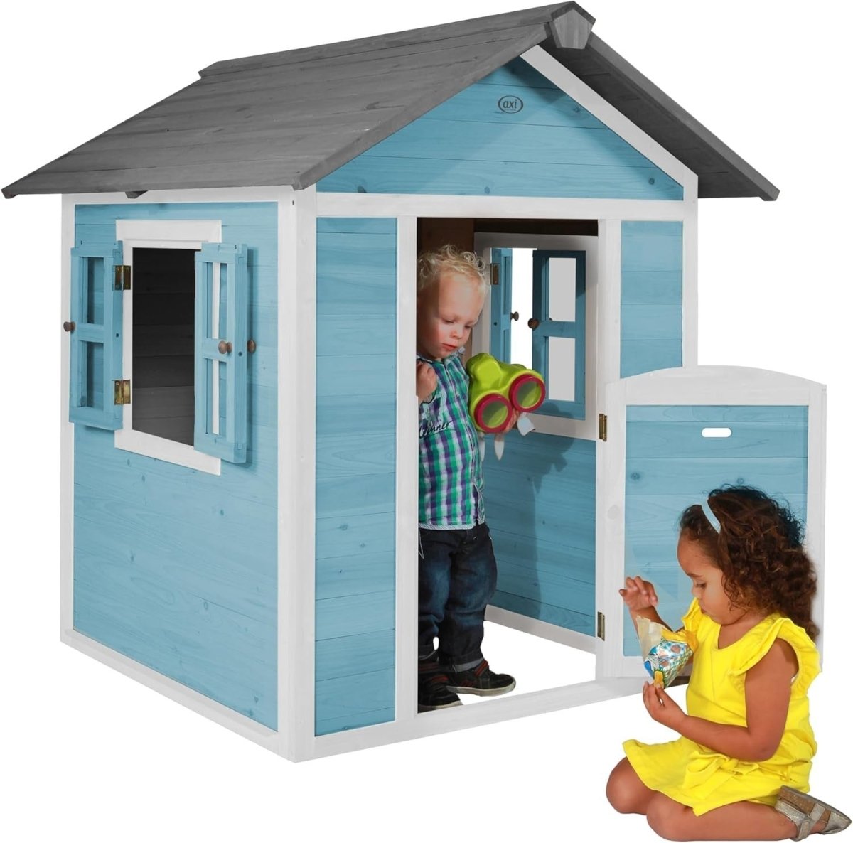 Kids Wooden Playhouse Outdoor Garden Lodge Blue w Windows Letterbox - Kwikley