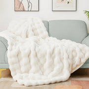 King Size Beige Faux Fur Blanket Plush Thick Warm Luxury Sofa Bed Throw - Kwikley