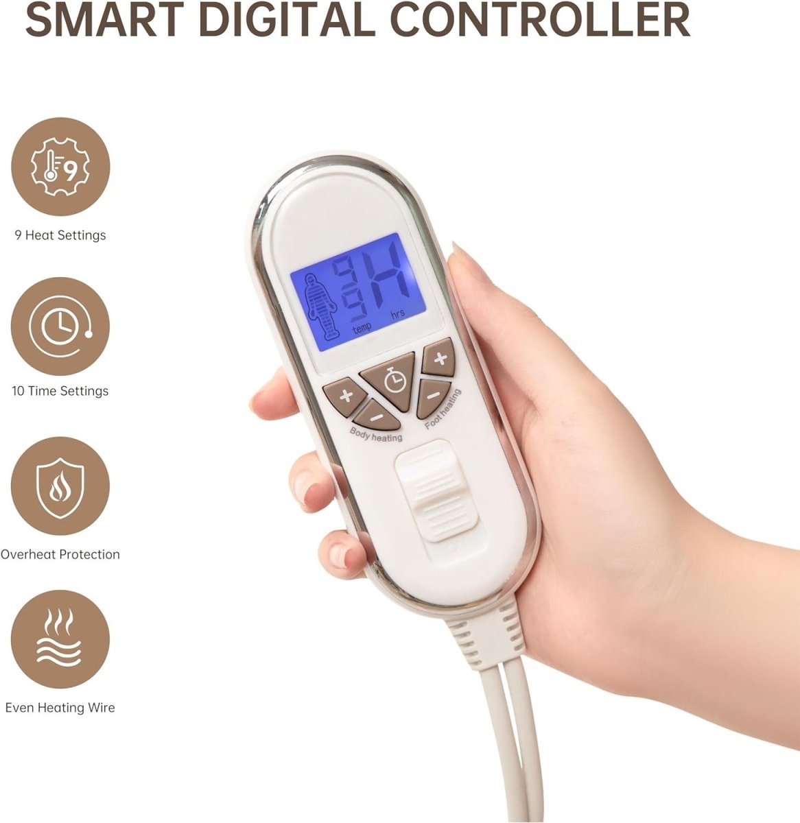 King Size Electric Underblanket Dual Control 9 Heat Settings Washable - Kwikley