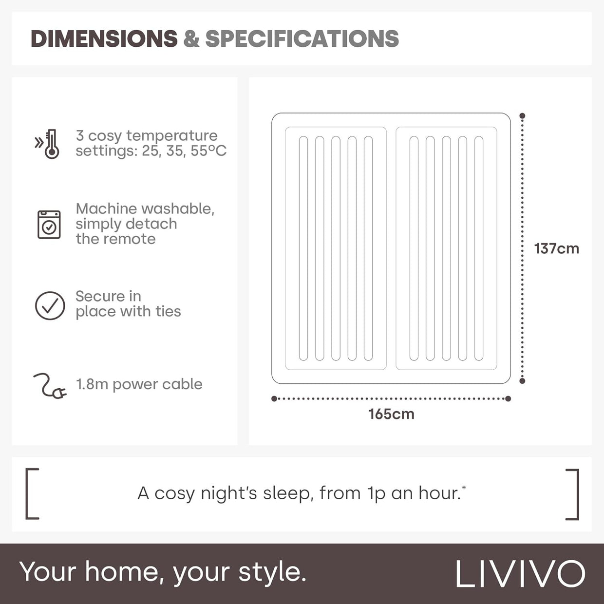 King Size Electric Underblanket Dual Control Fast Heat Fitted 165x137cm - Kwikley
