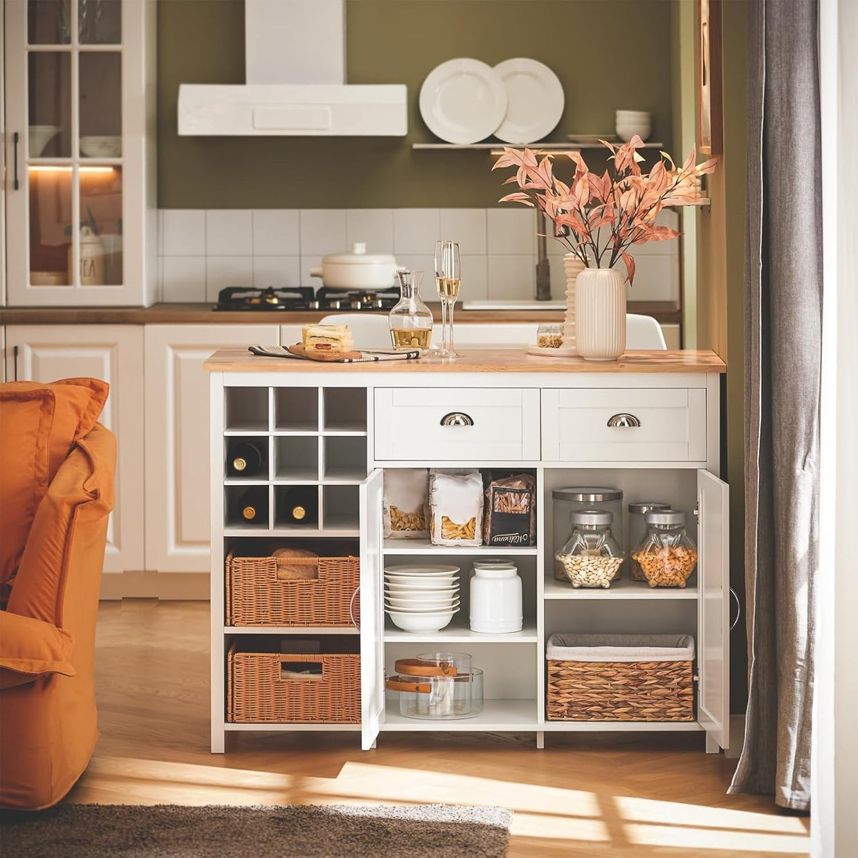 Kitchen Island Bar Table w/ Drawers, Wine Rack & Rattan Baskets Storage - Kwikley