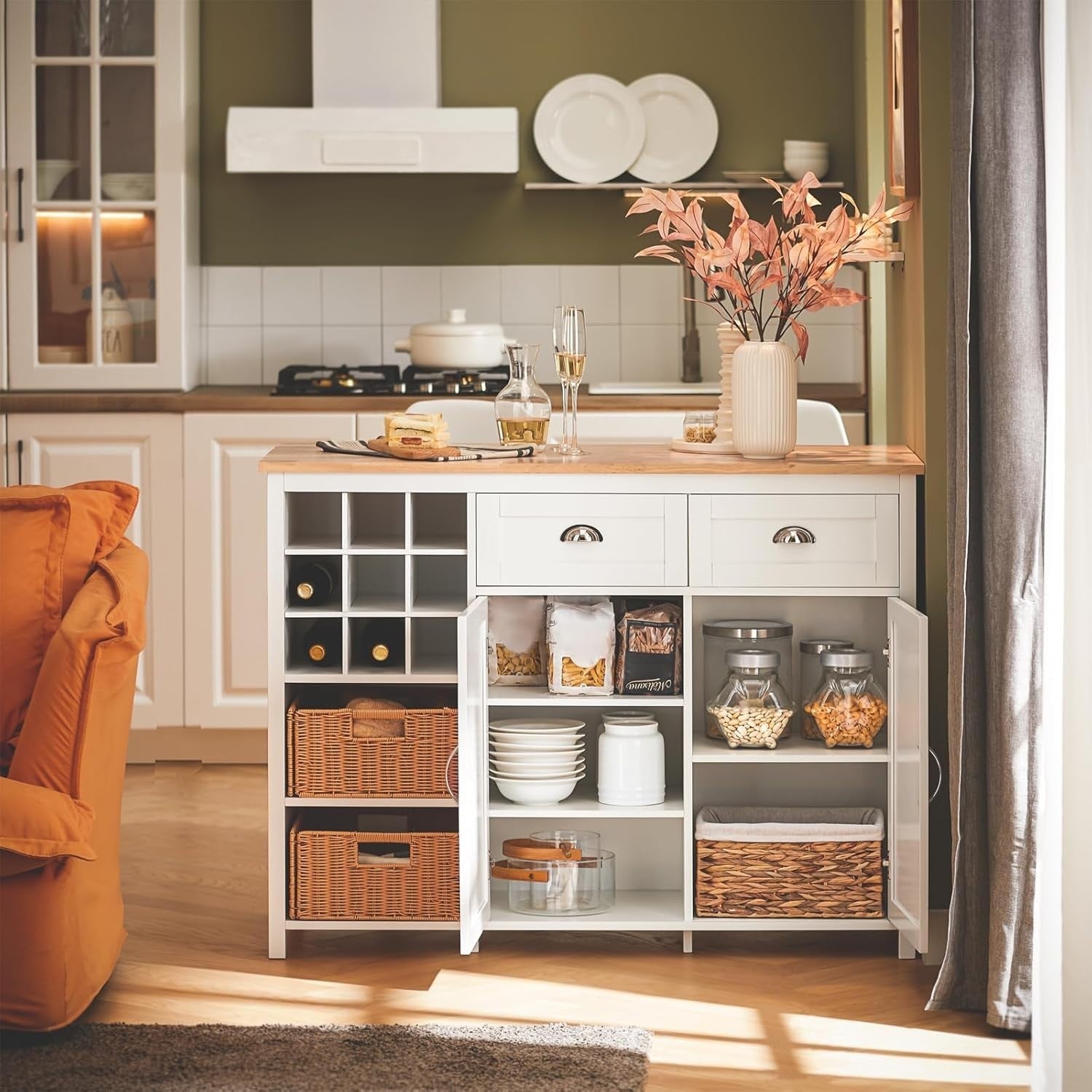 Kitchen Island Bar Table w/ Drawers, Wine Rack & Rattan Baskets Storage - Kwikley