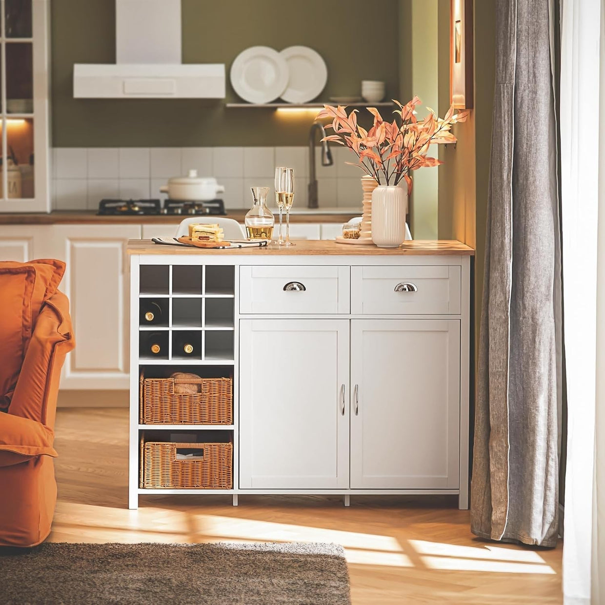 Kitchen Island Bar Table w/ Drawers, Wine Rack & Rattan Baskets Storage - Kwikley