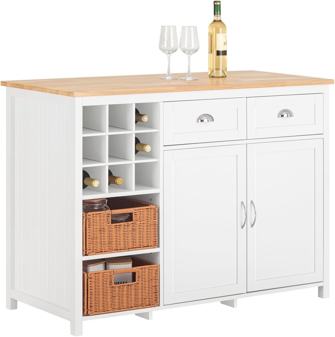 Kitchen Island Bar Table w/ Drawers, Wine Rack & Rattan Baskets Storage - Kwikley