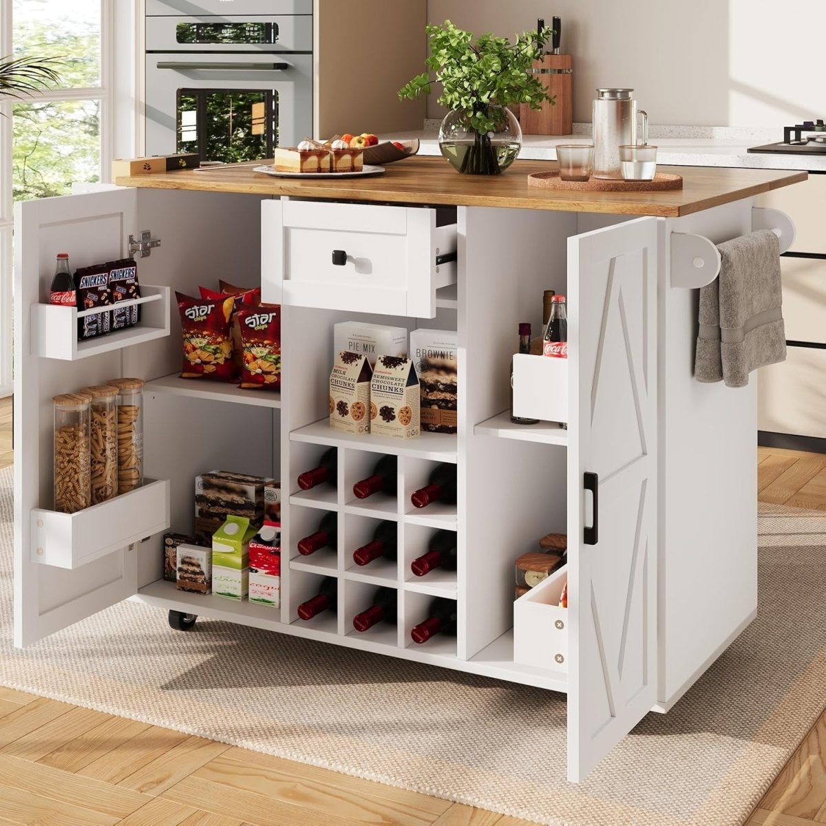 Kitchen Island Cart Drop Leaf Table Wine Rack - Kwikley