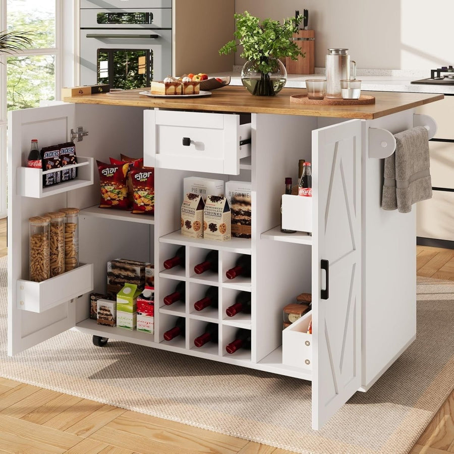 Kitchen Island Cart Drop Leaf Table Wine Rack - Kwikley