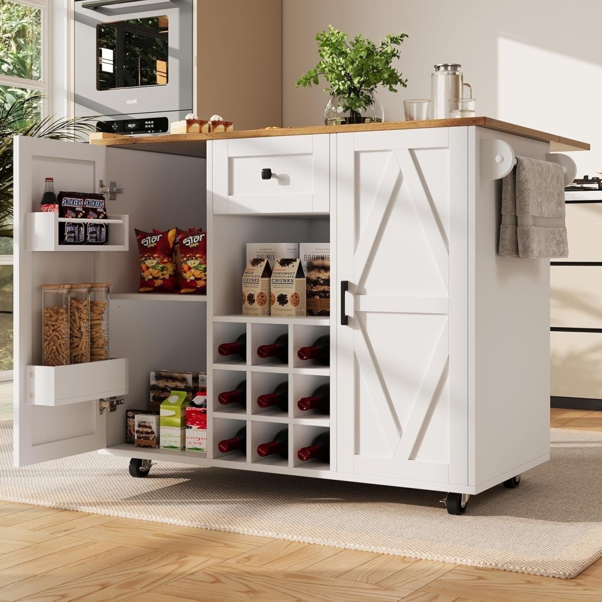 Kitchen Island Cart Drop Leaf Table Wine Rack - Kwikley