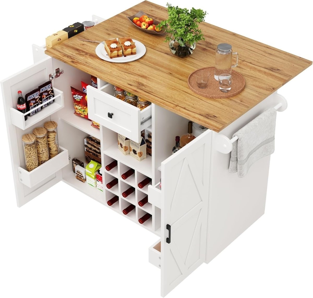 Kitchen Island Cart Drop Leaf Table Wine Rack - Kwikley