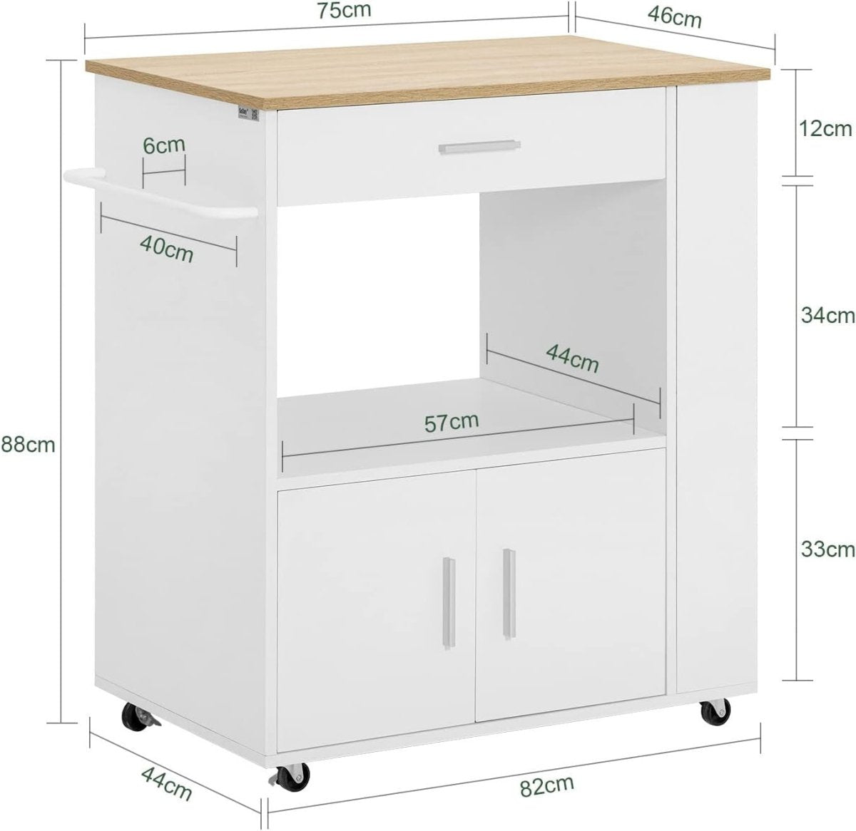 Kitchen Island Cart on Wheels w Drawer Cupboard - Kwikley
