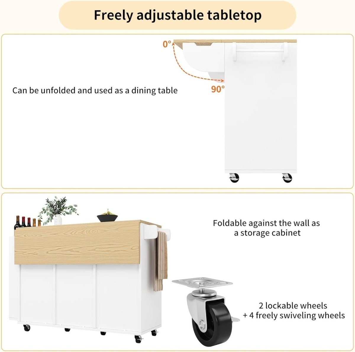 Kitchen Island Cart w Fold Out Table Sliding Doors - Kwikley