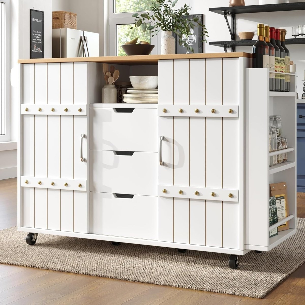 Kitchen Island Cart w Fold Out Table Sliding Doors - Kwikley